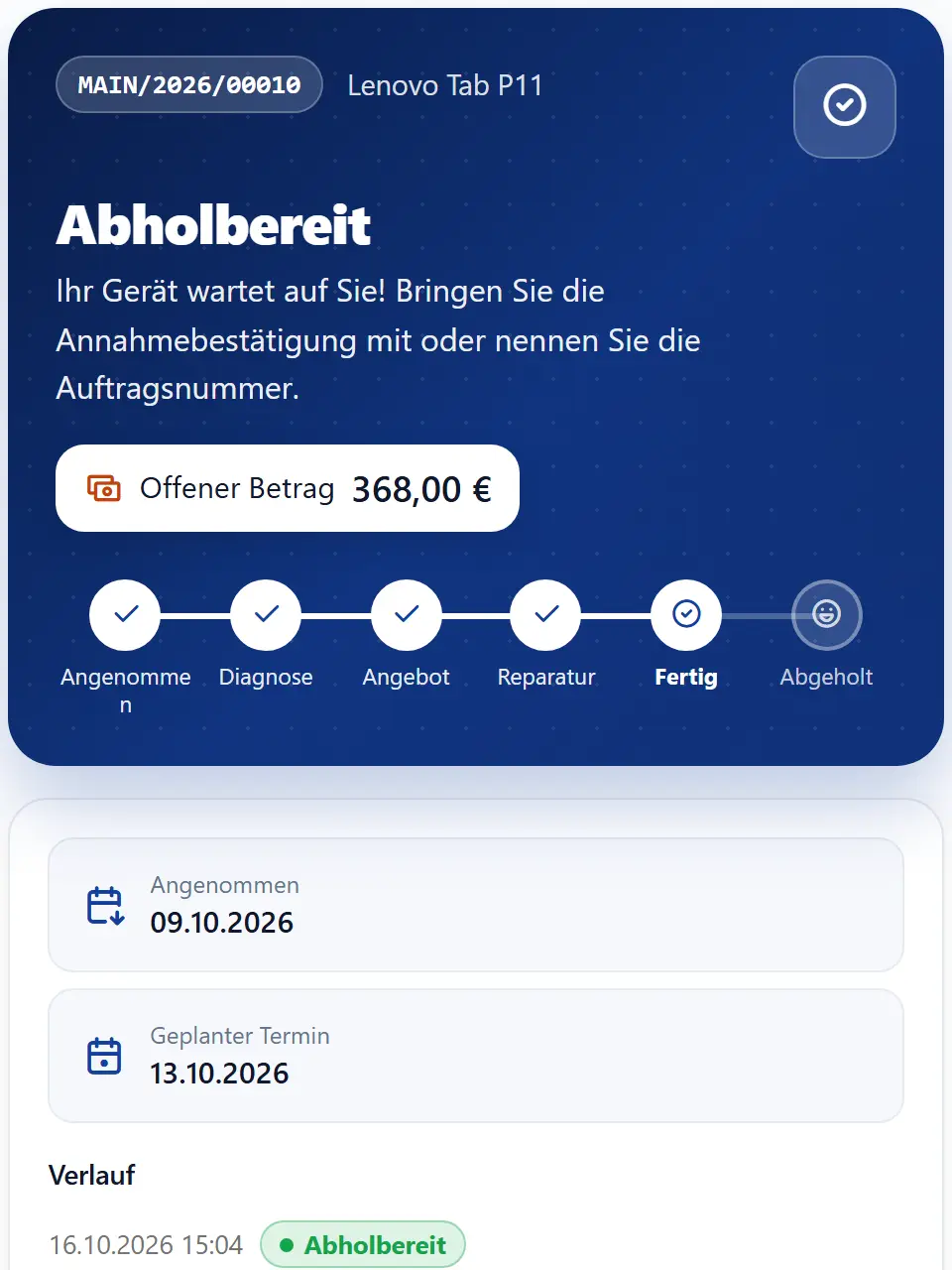 Reparaturstatus-Widget auf der Website einer Werkstatt