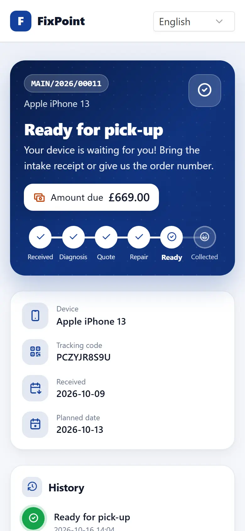 Repair tracking page on the customer’s phone