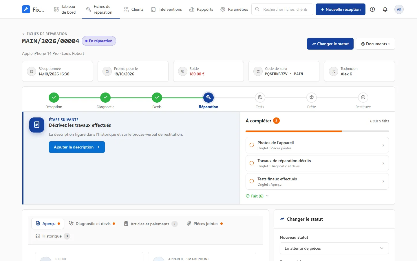 Fiche de réparation d’un téléphone avec « Prochaine étape »