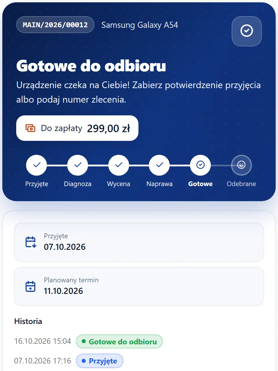Widżet statusu naprawy osadzony na stronie serwisu