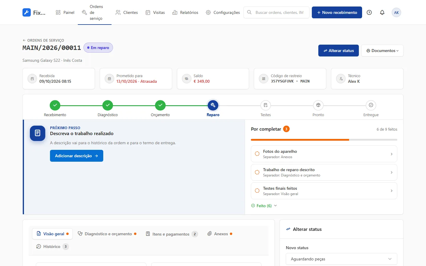 Orçamento de reparo com botões de aprovação no celular do cliente