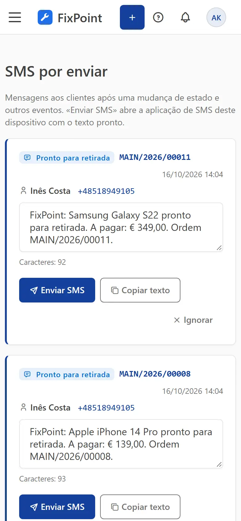 Lista de SMS para enviar na tela de um celular